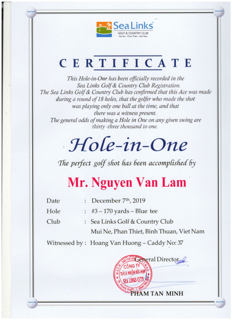 Chứng nhận Hole in One từ Sea Link Golf & Country Club
