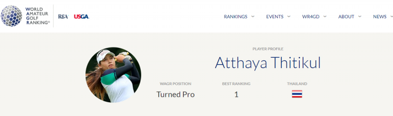 Trên bảng xếp hạng nghiệp dư thế giới cho thấy Atthaya Thitikul đã chuyển sang chuyên nghiệp
