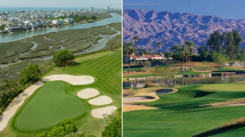 Sân Tidwater Golf Club ở Myrtle Beach (trái) và Dunes Course tại La Quinta Resort, California (phải)