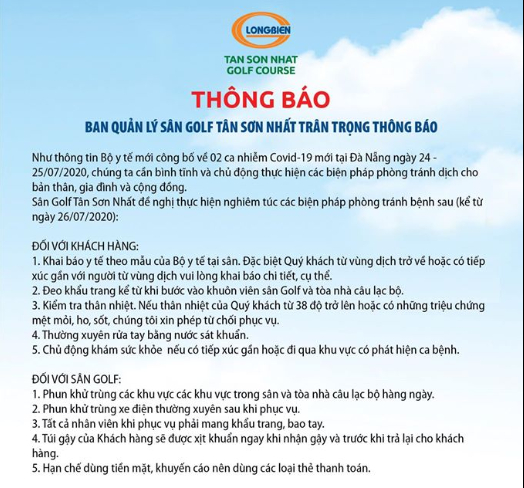 Thông báo từ sân golf Tân Sơn Nhất