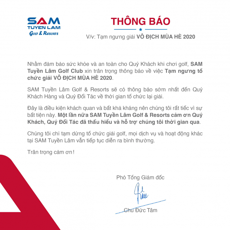 Thông báo từ sân golf SAM Tuyền Lâm về ngưng tổ chức giải golf. Các hoạt động và dịch vụ của sân vẫn diễn ra như bình thường