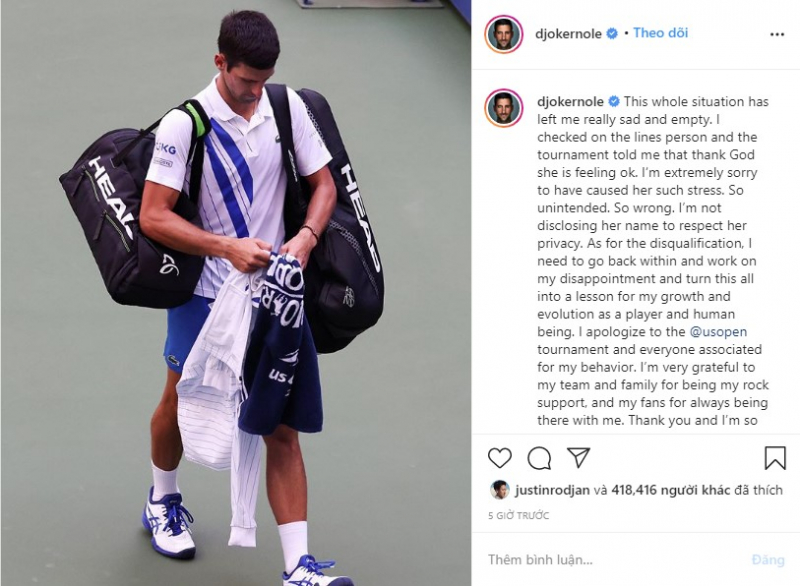 Djokovic gửi lời xin lỗi đến trọng tài dây, ban tổ chức và người hâm mộ sau khi có hành động không đẹp và bị xử thua tại vòng 4 US Open 2020.