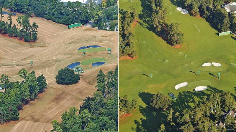 Chỉ trong 10 ngày, mặt sân golf Augusta National từ trạng thái màu nâu đen phủ kín chuyển sang màu xanh tươi mát. Đây là kết quả của quá trình bảo dưỡng sân golf.