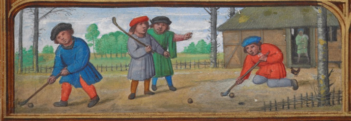 Một cảnh trong Golf Book , vào khoảng năm 1540, cho thấy một trò chơi có nét tương đồng với môn đánh gôn ngày nay, ví dụ như đánh quả bóng xuống lỗ bằng một chiếc gậy có đầu cong.