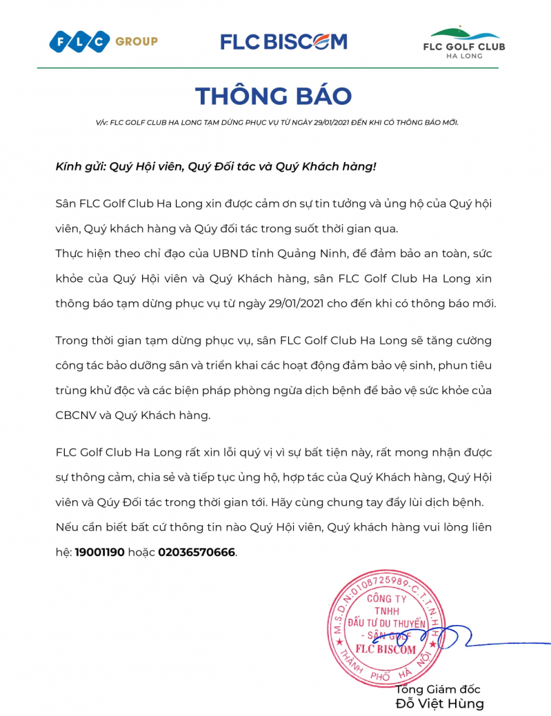 FLC Golf Club Ha Long thông báo tạm ngừng phục vụ