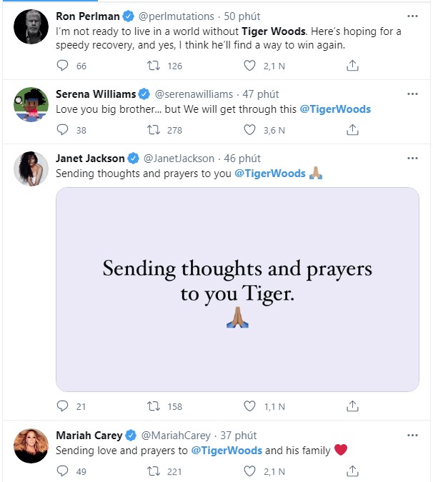 Trên trang Twitter, nhiều lời chúc bình an được gửi tới Tiger Woods