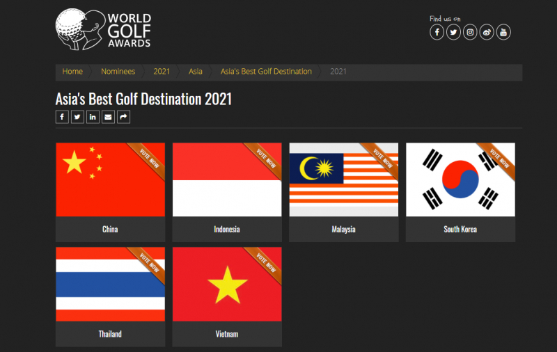 Việt Nam nhận đề cử giải thưởng Điểm đến golf tốt nhất châu Á cùng với Trung Quốc, Indonesia, Malaysia, Hàn Quốc và Thái Lan
