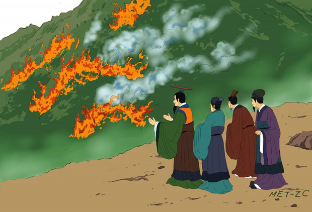 Tấn Văn Công cho đốt rừng để ép Giới Tử Thôi ra mặt. Ảnh minh họa