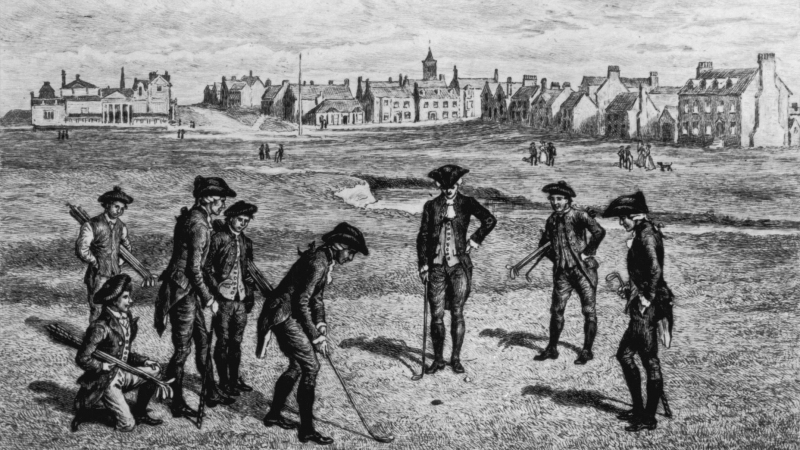 Một nhóm nam giới chơi golf tại sân Royal and Ancient Golf Club ở St Andrews, Scotland năm 1798 (Ảnh: Getty Images)