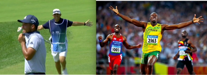 Hình ảnh Austin Kaiser lúc mang gậy về được ví như cựu VĐV người Jamaica Usain Bolt khi băng về đích
