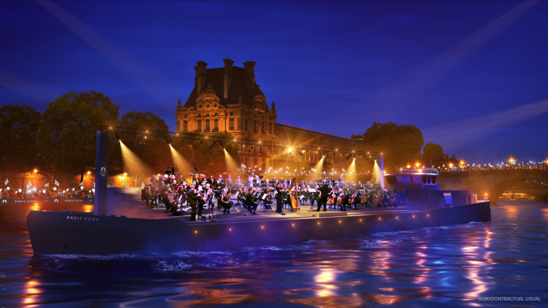 Một dàn nhạc nổi, các chương trình chiếu và các buổi trưng bày thể thao đã được lấy làm ý tưởng nghệ thuật cho Lễ khai mạc Paris 2024