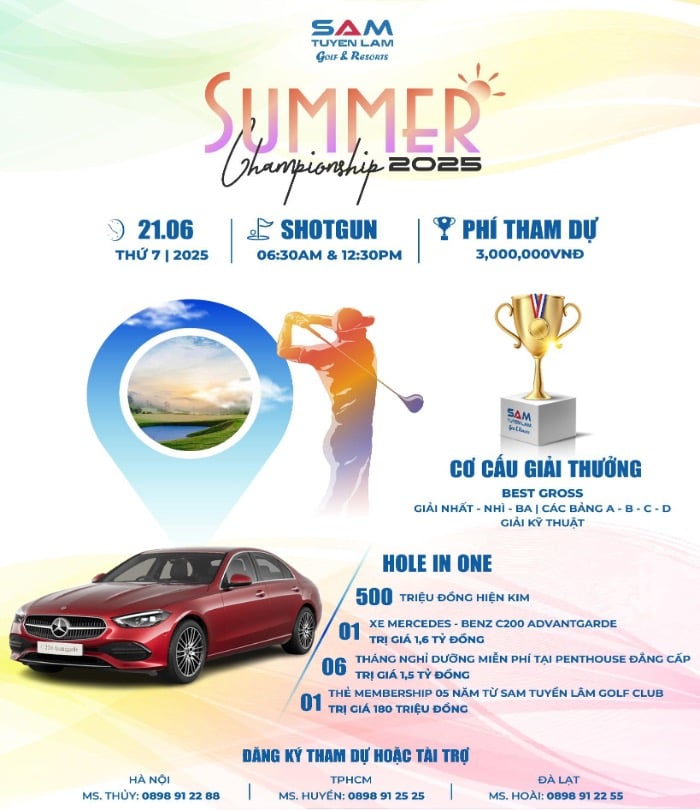 giải đấu mùa hè SAM Tuyen Lam Summer Championship 2025 năm nay đang gây “sốt” với tổng giá trị giải thưởng lên đến hàng tỷ đồng, trong đó nổi bật là các giải thưởng HIO (Hole-in-One) trị giá bạc tỷ, bao gồm xe sang, tiền mặt và nhiều phần thưởng giá trị hấp dẫn