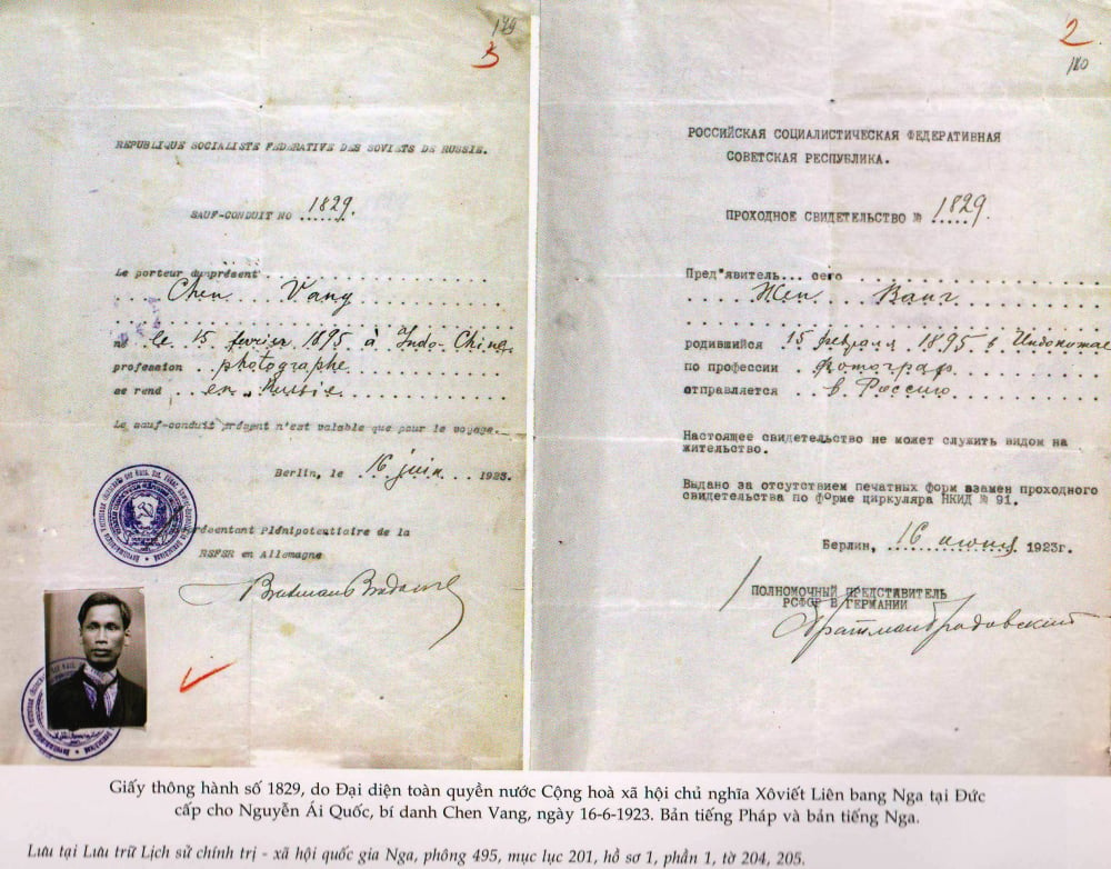Giấy thông hành của Chủ tịch Hồ Chí Minh (hồi đó bí danh là Chen Vang) để đến Nga năm 1923