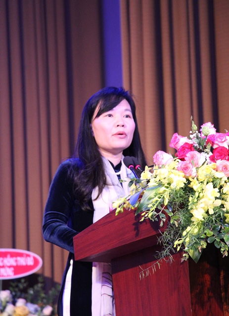 Bà Nguyễn Thị Thanh Huyền, Ủy viên Ban Thường vụ, Trưởng ban Dân vận Tỉnh ủy Phú Thọ, phát biểu tại Đại hội