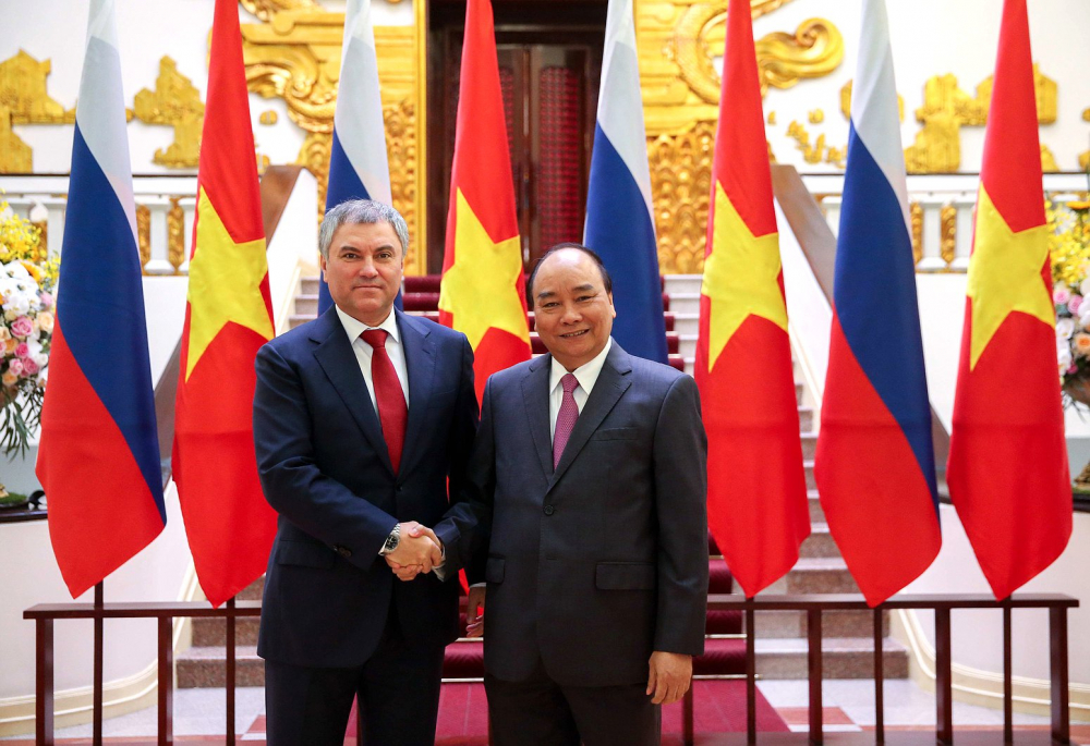 Thủ tướng Nguyễn Xuân Phúc đón tiếp Chủ tịch Duma quốc gia Nga tại Trụ sở Chính phủ