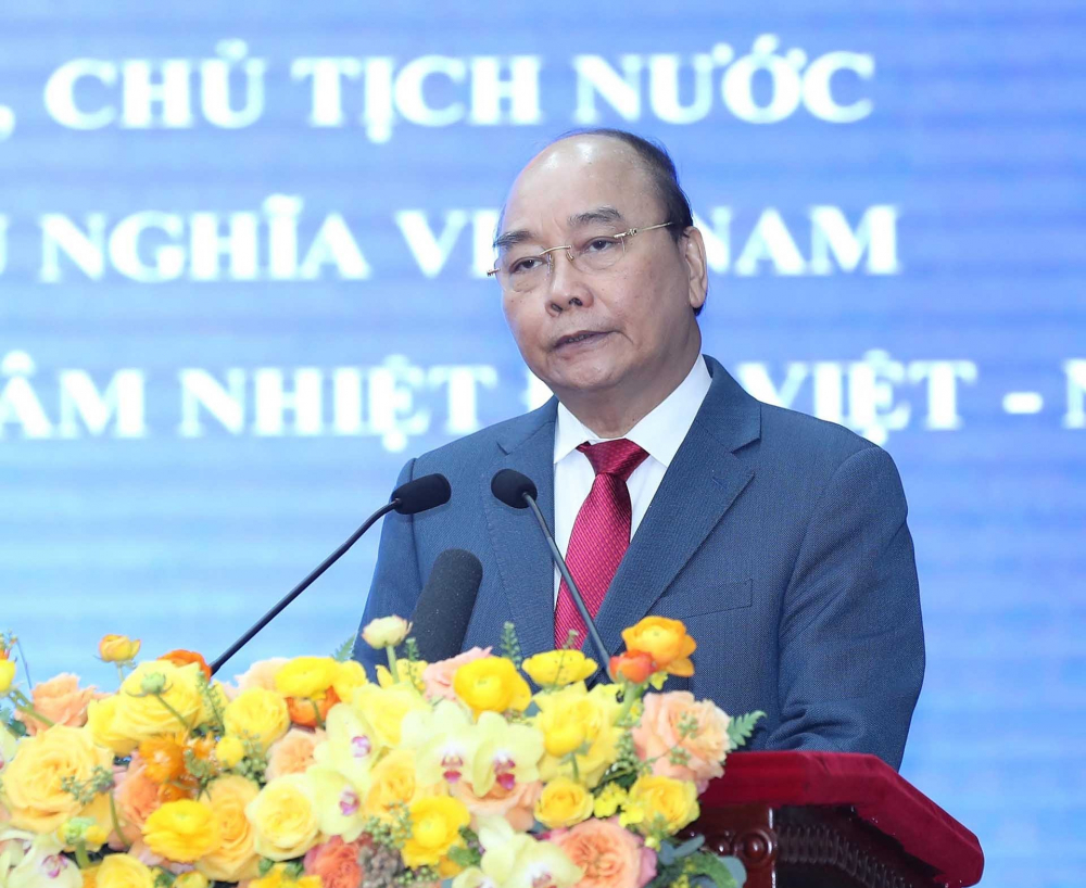 Chủ tịch nước Nguyễn Xuân Phúc phát biểu tại Trung tâm Nhiệt đới Việt-Nga.   Ảnh: TTXVN