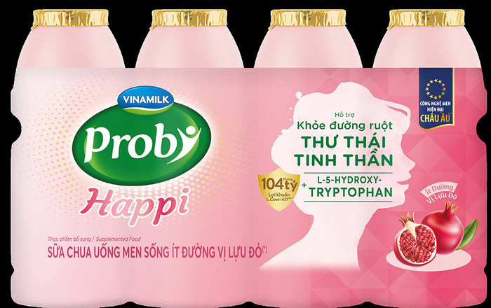 Sữa chua uống men sống ít đường vị lựu đỏ Probi Happi bổ sung 104 tỷ lợi khuẩn Probiotics L. Casei 431TM  từ Châu Âu, cùng L-5-Hydroxytryptophan giúp thư thái tinh thần.