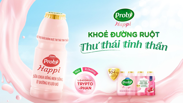 Sữa chua uống men sống ít đường vị lựu đỏ Probi Happi, bổ sung 104 tỷ lợi khuẩn Probiotics L.Casei 431TM từ Châu Âu, cùng L-5-Hydroxytryptophan giúp thư thái tinh thần.