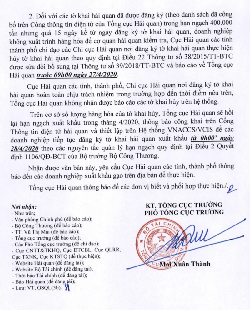 Công văn số 2638/TCHQ-GSQL ngày 24/04/2020 của Tổng cục Hải quan gửi Phòng Thương mại và Công nghiệp Việt Nam; Hiệp hội lương thực Việt Nam; Các doanh nghiệp xuất khẩu gạo; Cục Hải quan các tỉnh, thành phố về việc đăng ký tờ khai hải quan đối với các lô hàng gạo đã đưa vào cửa khẩu quốc tế, cảng biển quốc tế trước ngày 24/03/2020 nhưng chưa được đăng ký tờ khai hải quan