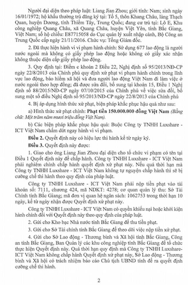 Quyết định số 399/QĐ-XPVPHC ngày 05/03/2020 của Chủ tịch UBND tỉnh Bắc Giang Dương Văn Thái việc xử phạt vi phạm hành chính về lĩnh vực lao động của Công ty Luxshare – ICT Việt Nam