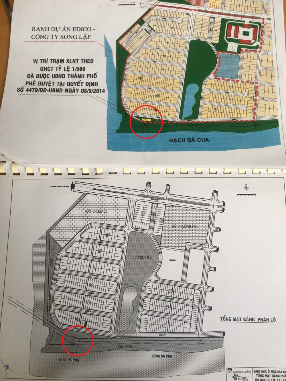 Bản đồ Song lập cung cấp cho phóng viên (trên) có thể hiện vị trí Trạm xử lý; còn bản đồ trong Hợp đồng mua bán nhà với cư dân không thể hiện (dưới).  