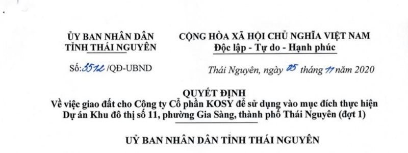 Quyết định 3512/QĐ-UBND về việc giao đất cho Công ty cổ phần Kosy thực hiện dự án Khu đô thị số 11, phường Gia Sàng, thành phố Thái Nguyên (đợt 1)