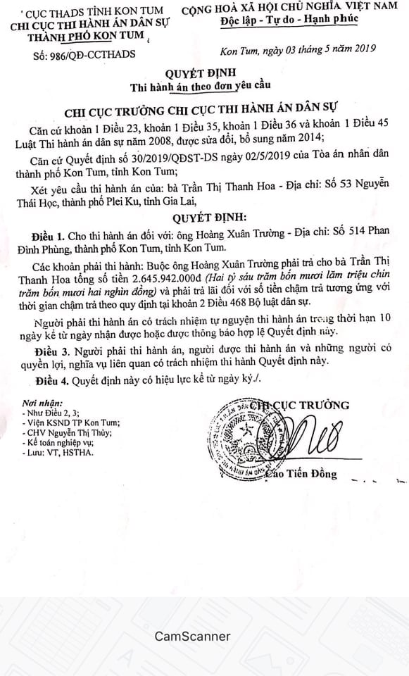 H3: Quyết định số 986/QĐ-CCTHADS  của Chi cục THADS thành phố Kon Tum về việc thi hành án theo đơn yêu cầu đối với ông Hoàng Xuân Trường