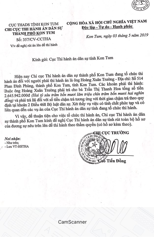 H4: Chi cục THADS thành phố Kon Tum ban hành Công văn 357/CV-CCTHADS  gửi Cục THADS tỉnh Kon Tum về việc đề nghị rút án lên để thi hành đối với ông Hoàng Xuân Trường.