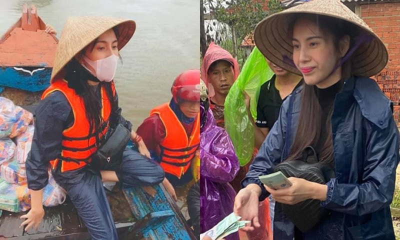 Ca sĩ Thủy Tiên trao từ thiện cho bà con bị ảnh hưởng bởi bão lũ miền trung