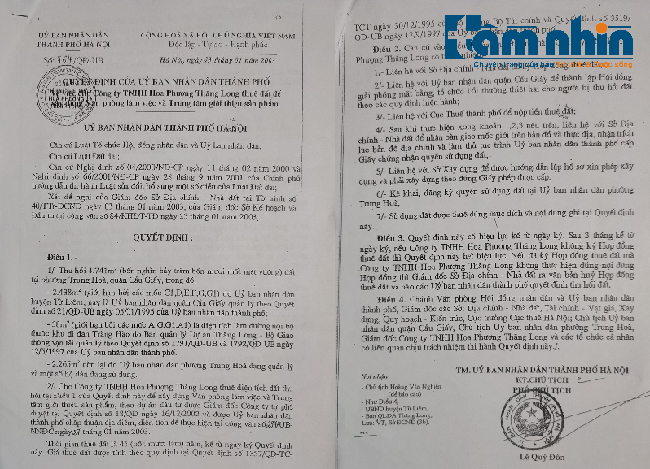 Quyết định số 764/QĐ-UBND cho Công ty TNHH Hoa Phượng Thăng Long, thuê 4.741m2 đất tại số 216 Trần Duy Hưng, phường Trung Hòa, quận Cầu Giấy, Hà Nội.