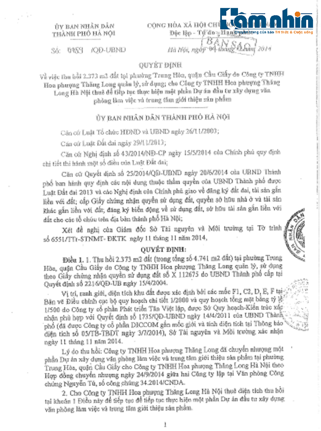 Quyết định số 6459/QĐ-UBND, ngày 04/12/2014 ở trên, ông Vũ Hồng Khanh – Phó Chủ tịch UBND TP Hà Nội ký về việc thu hồi 2.373m2 đất tại phường Trung Hòa, quận Cầu Giấy do Hoa Phượng Thăng Long quản lý, sử dụng; để giao cho Công ty TNHH Hoa Phượng Thăng Long Hà Nội thuê “để tiếp tục thực hiện một phần Dự án đầu tư xây dựng văn phòng làm việc và trung tâm giới thiệu sản phẩm”. Thời hạn thuê đất vẫn đến ngày 27/01/2048. Hình thức thuê đất trả tiền thuê đất hàng năm. Đơn giá thuê đất được tính theo quy định hiện hành của Bộ Tài chính và UBND TP Hà Nội.