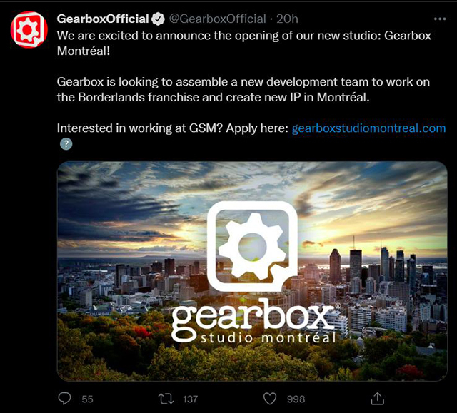 Gearbox mở một studio mới tại Canada, hướng tới việc phát triển toàn cầu1