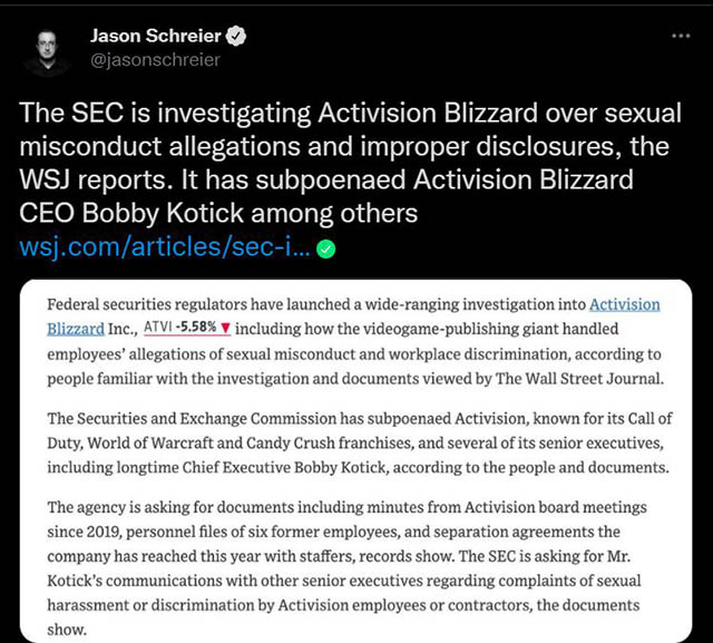 Activision Blizzard đã bị SEC điều tra sau hàng loạt cáo buộc phạm pháp1