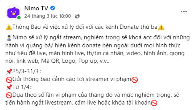 Thông báo của Nimo TV trên Fanpage