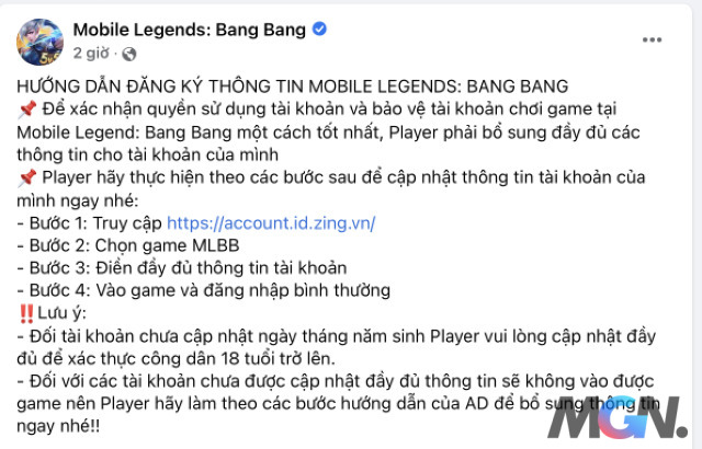 Mobile Legends: Bang Bang tiến hành yêu cầu game thủ khai báo thông tin cá nhân