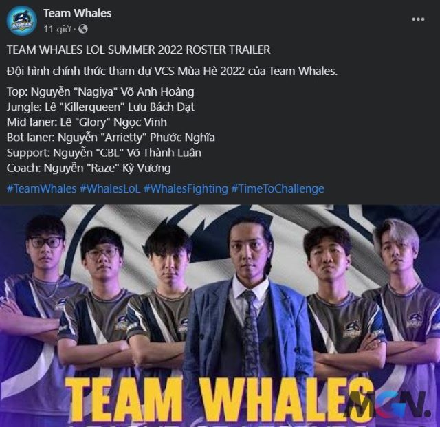Team Whales vừa thông báo họ đã hoàn thành đội hình chính thức thi đấu tại VCS Mùa Hè 2022