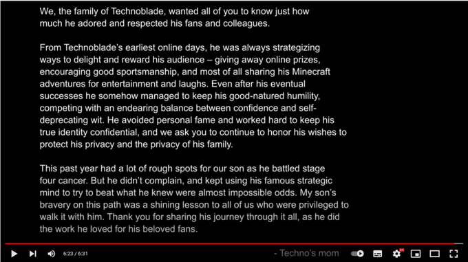 Lời nhắn nhủ mà người mẹ của Technoblade gửi đến mọi người