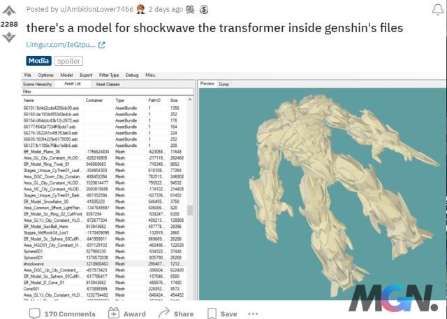 Bài đăng về sự xuất hiện của file chứa model trông giống Transformer trong thư mục của Genshin Impact
