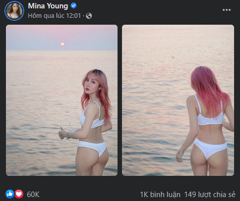 Bài post của Mina Young được 60 nghìn lượt cảm xúc cùng với 1 nghìn bình luận