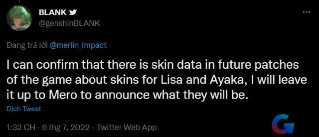 GenshinBLANK xác nhận về thông tin Ayaka và Lisa có skin trong file data của Genshin Impact