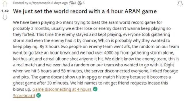 Người chơi Reddit vừa lập nên kỉ lục mới với trận ARAM dài 4 tiếng đồng hồ 