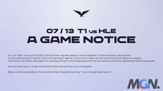 LCK gửi lời xin lỗi đến các đội tuyển và khán giả vì bug trong trận T1 và HLE