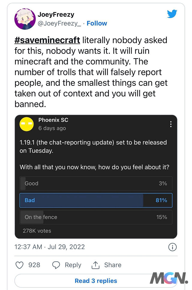 Không ai muốn điều này. Nó sẽ hủy hoại Minecraft và cộng đồng. Những người phá game sẽ báo cáo sai về mọi người và những điều nhỏ nhất có thể bị đưa ra khỏi bối cảnh và bạn sẽ bị cấm