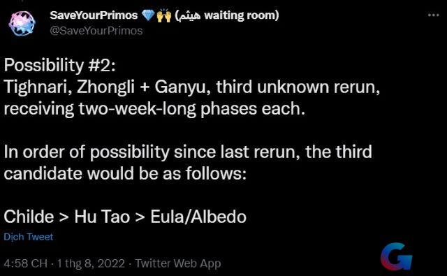 Nếu đó là sự thật thì các nhân vật có thể xuất hiện trong đợt banner thứ 3 sẽ bao gồm Childe, Hu Tao, Eula/Albedo