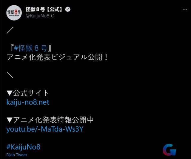 Tweet thông báo về dự án anime Kaiju No. 8