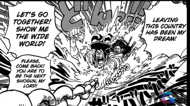 One Piece chap 1057 sẽ có khung cảnh Yamato đu bám theo tàu của Luffy tương tự như thần tượng của cô là Oden