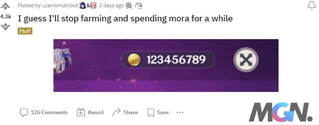 Một người chơi đã cày cuốc Mora lên con số 123.456.789