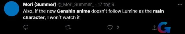 Một người hâm mộ khác trưng bày rằng nếu nhân vật chính của anime không phải là Lumine, thì họ từ xem