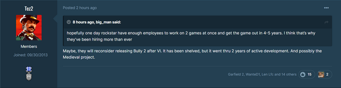Bài đăng trên Reddit ở trên là ảnh chụp màn hình nhận xét ban đầu của Tez2 về sự phát triển của Bully 2 sau khi phát hành GTA 6. 