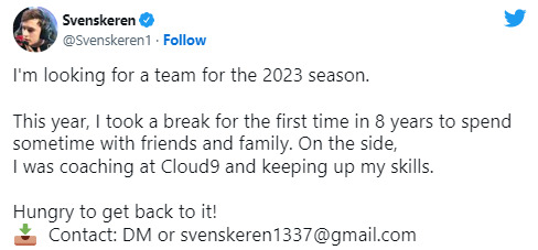 Vừa qua, tuyển thủ 26 tuổi Svenskeren đã đăng thông báo tìm kiếm một đội tuyển để gia nhập trên mạng xã hội